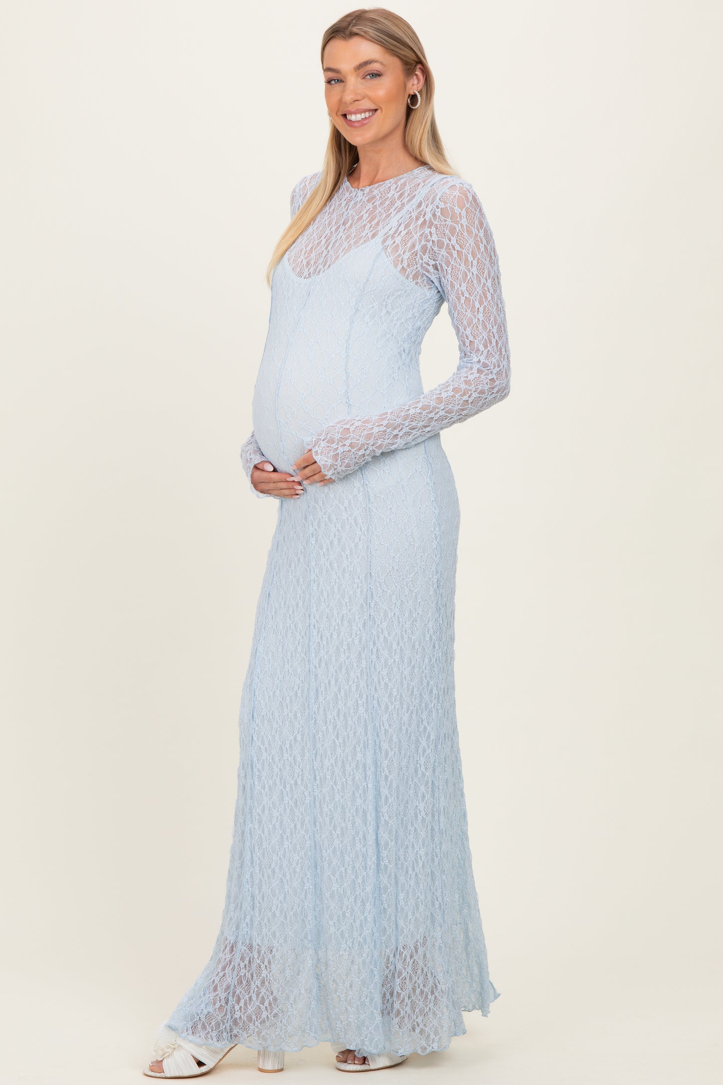 Light Blue Lace Mock Neck Long Sleeve Maternity Maxi Dress