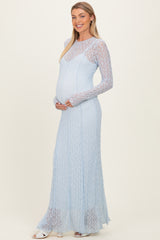 Light Blue Lace Mock Neck Long Sleeve Maternity Maxi Dress