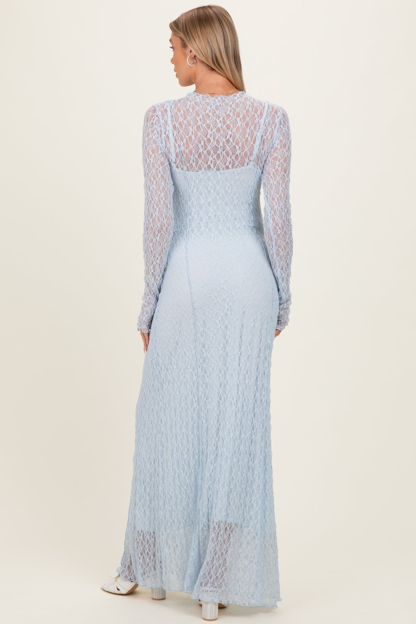 Light Blue Lace Mock Neck Long Sleeve Maternity Maxi Dress