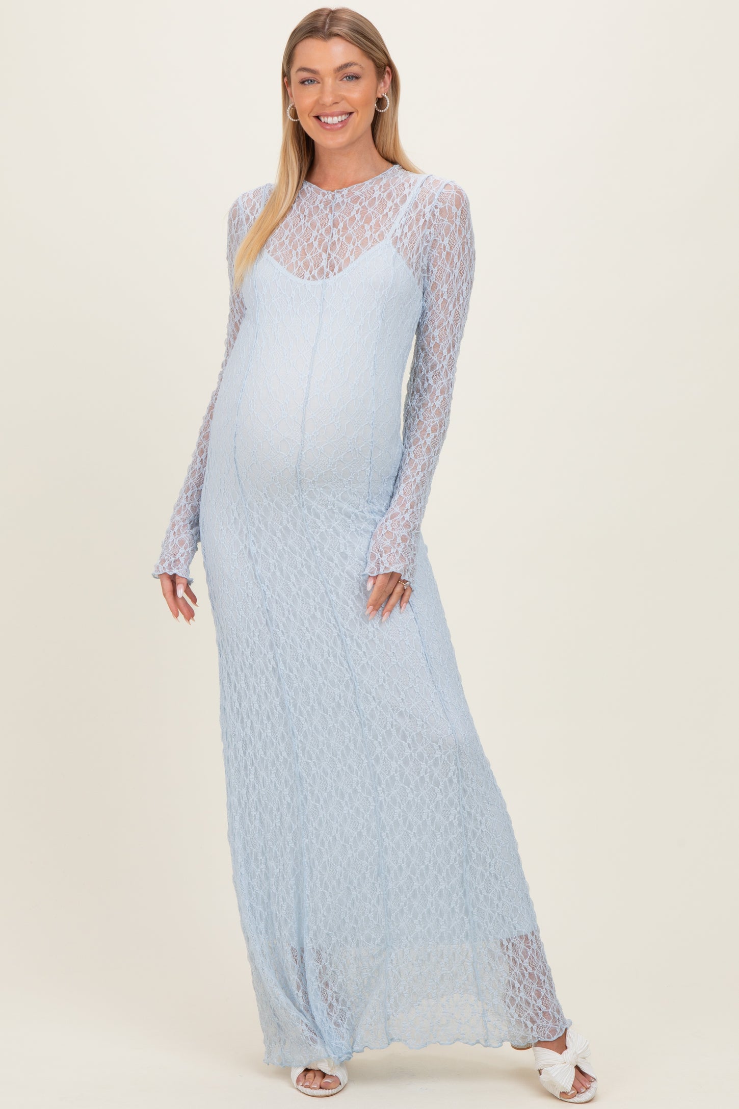 Light Blue Lace Mock Neck Long Sleeve Maternity Maxi Dress