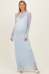 Light Blue Lace Mock Neck Long Sleeve Maternity Maxi Dress