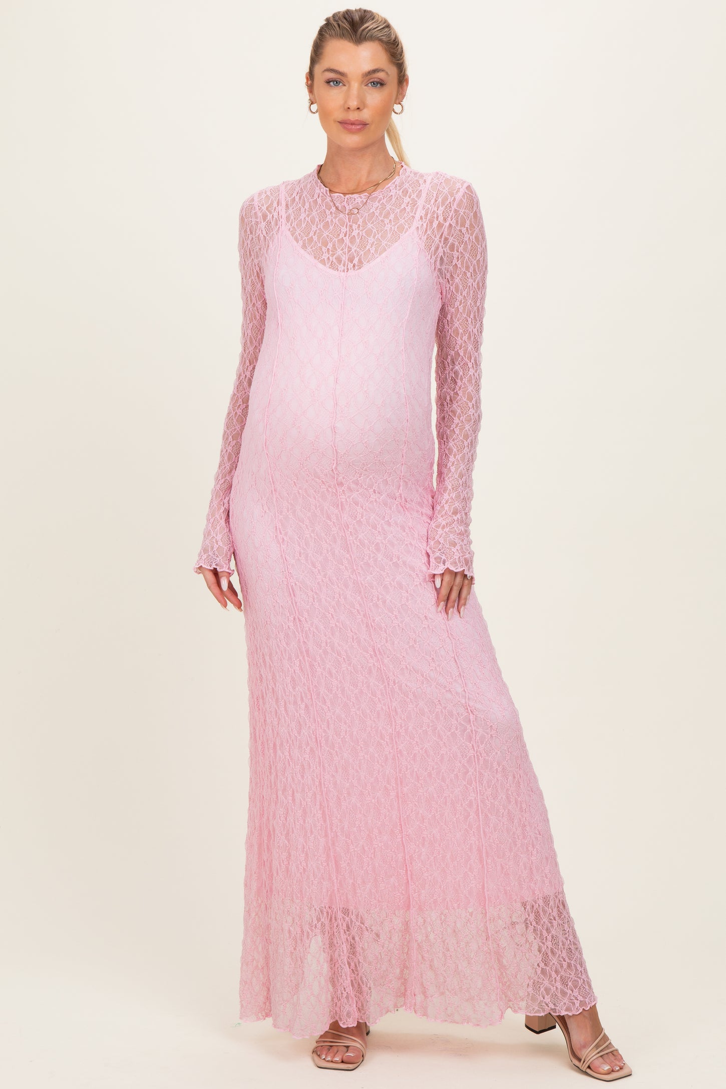 Pink Lace Mock Neck Long Sleeve Maternity Maxi Dress