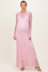 Pink Lace Mock Neck Long Sleeve Maternity Maxi Dress