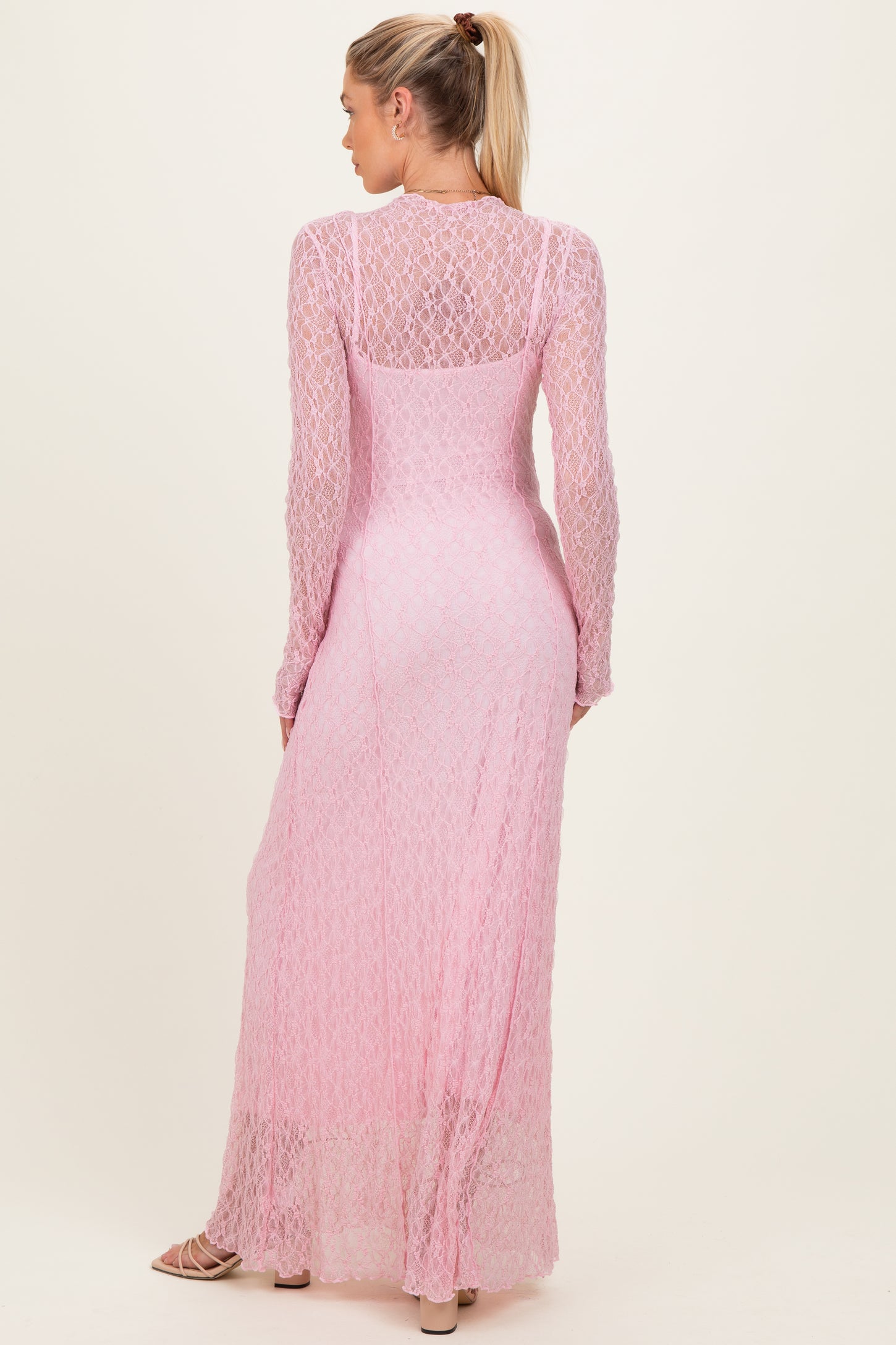 Pink Lace Mock Neck Long Sleeve Maternity Maxi Dress