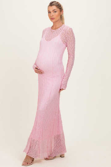 Pink Lace Mock Neck Long Sleeve Maternity Maxi Dress