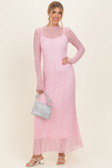 Light Pink Lace Mock Neck Long Sleeve Maxi Dress