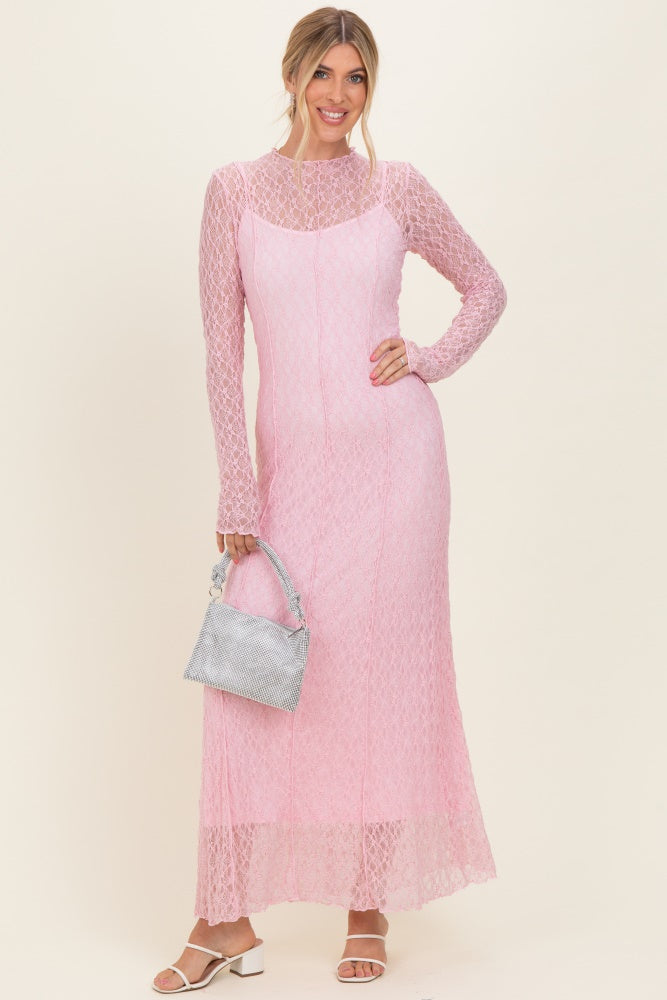 Pink Lace Mock Neck Long Sleeve Maternity Maxi Dress