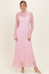 Light Pink Lace Mock Neck Long Sleeve Maxi Dress