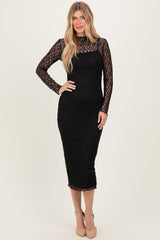 Black Lace Overlay Fitted Midi Dress