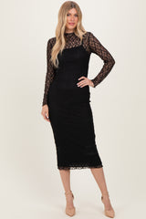Black Lace Overlay Fitted Midi Dress