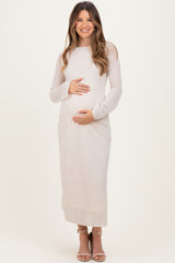 Beige Lace Jacquard Long Sleeve Maternity Midi Dress