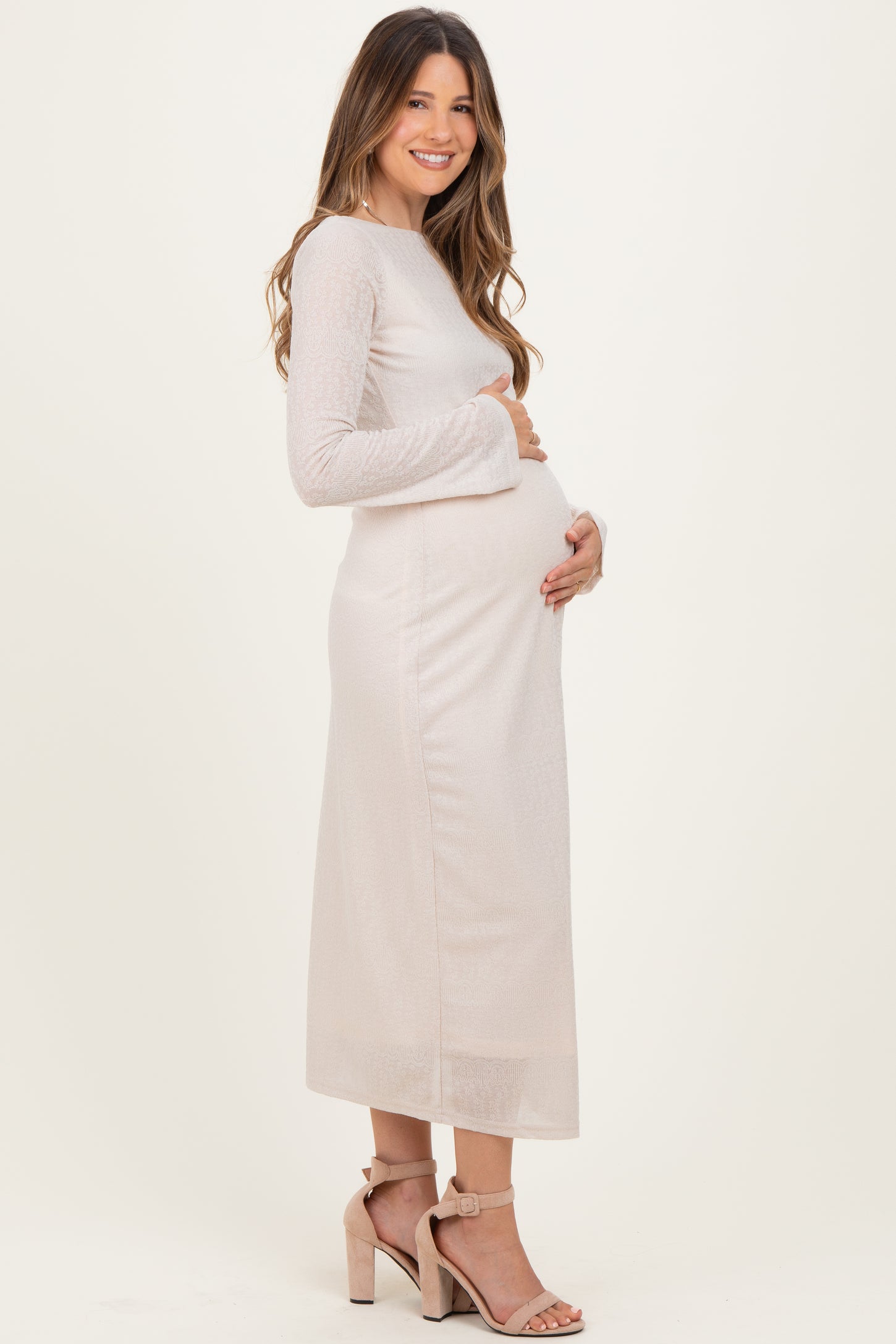 Beige Lace Jacquard Long Sleeve Maternity Midi Dress