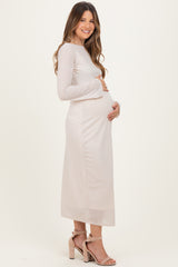 Beige Lace Jacquard Long Sleeve Maternity Midi Dress