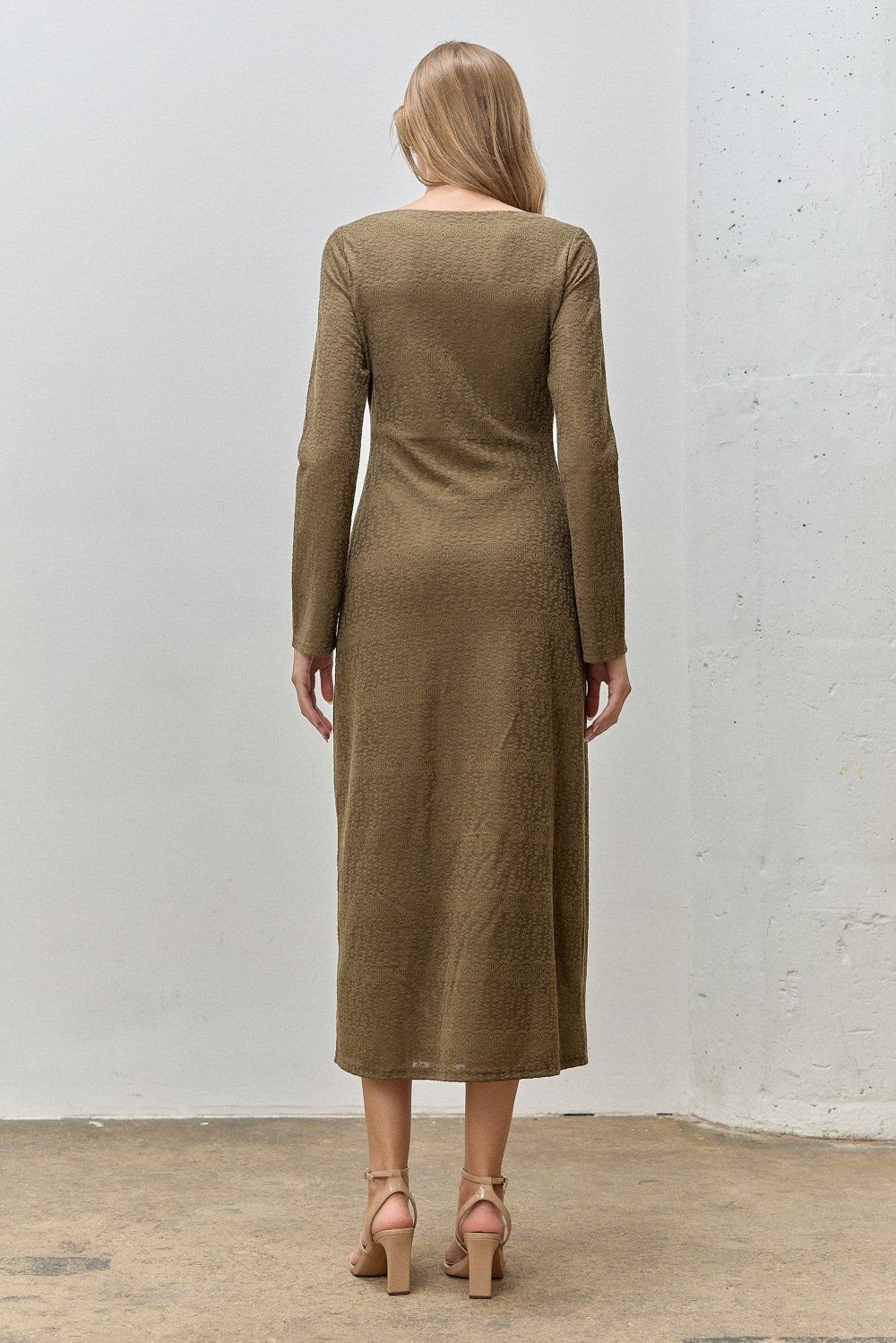 Olive Lace Jacquard Long Sleeve Midi Dress