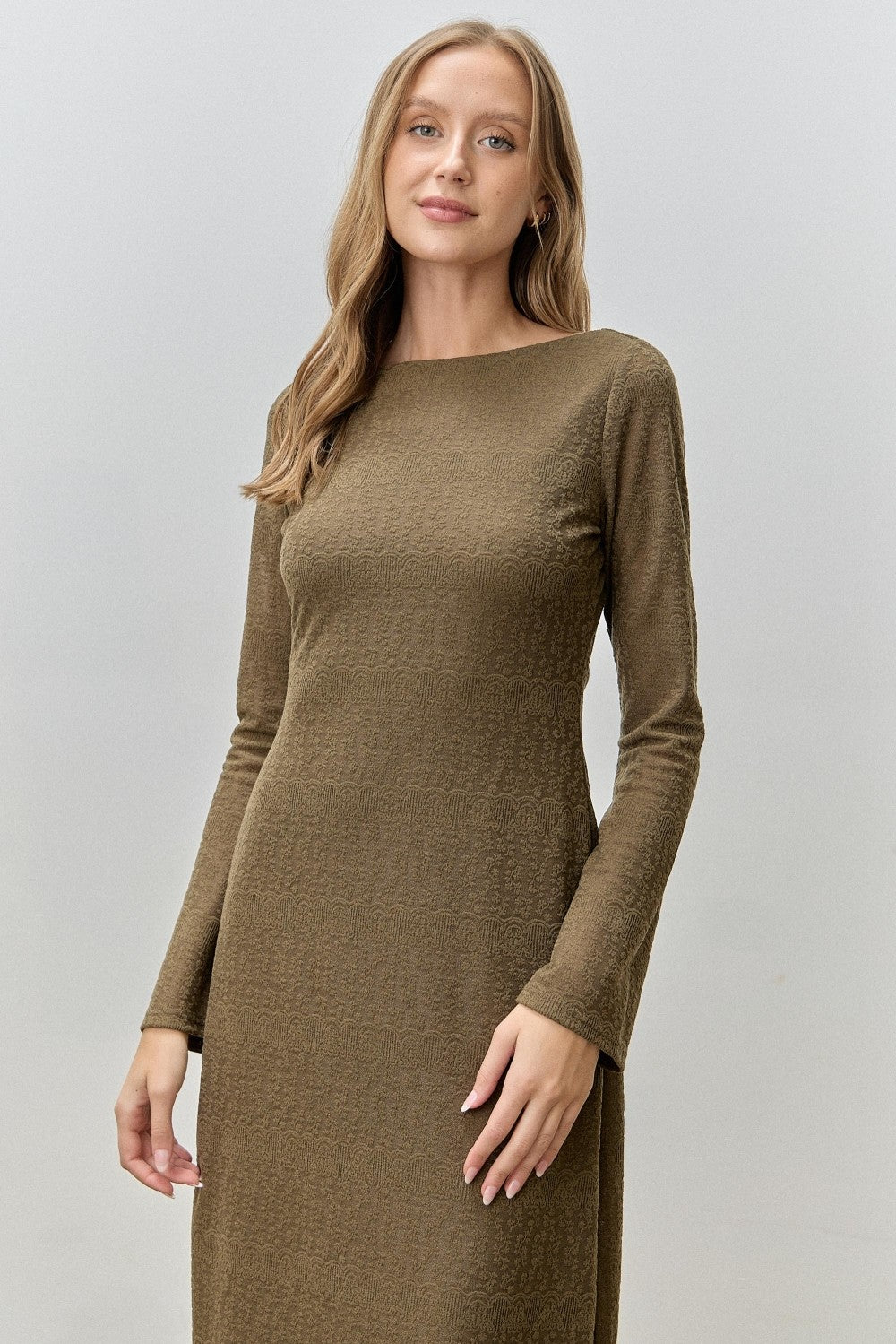 Olive Lace Jacquard Long Sleeve Midi Dress
