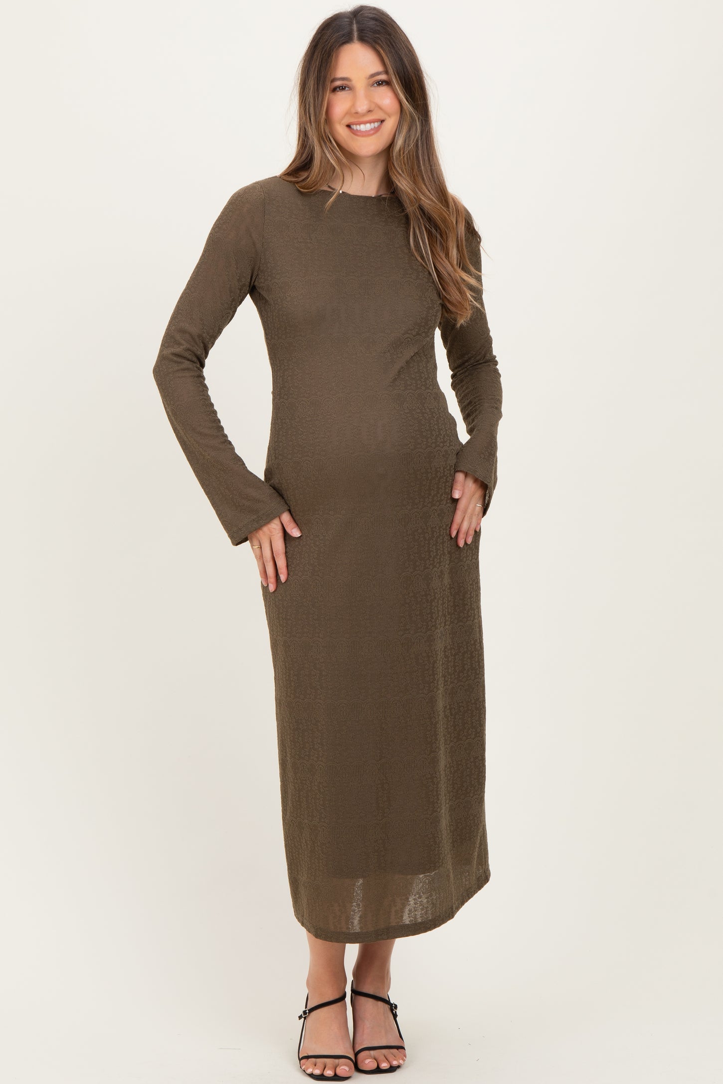 Olive Lace Jacquard Long Sleeve Maternity Midi Dress
