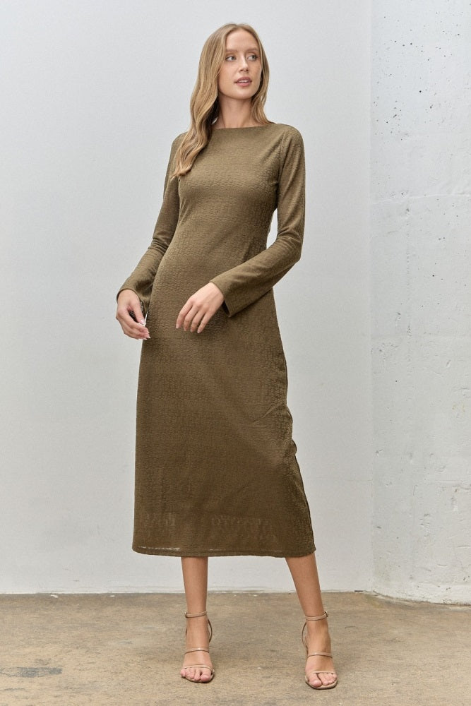 Olive Lace Jacquard Long Sleeve Midi Dress
