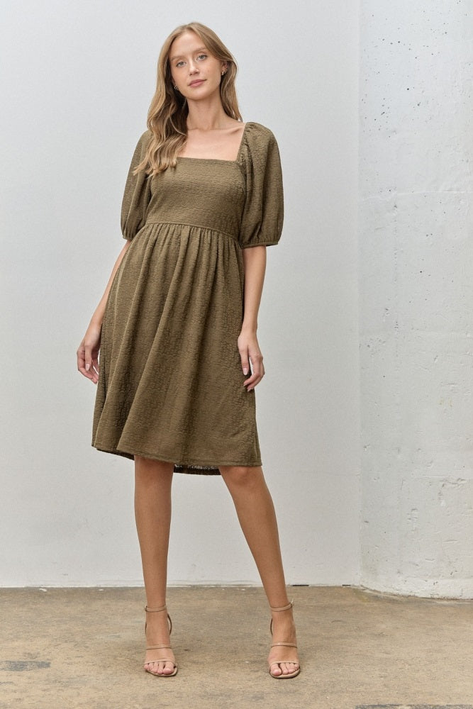 Olive Lace Jacquard Puff Sleeve Dress