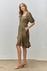 Olive Lace Jacquard Puff Sleeve Dress