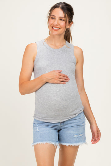 Light Blue Distressed Fringe Hem Maternity Denim Midi Short