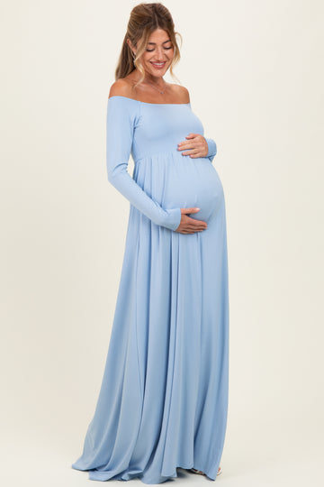 PinkBlush Light Blue Off Shoulder Maternity Maxi Dress