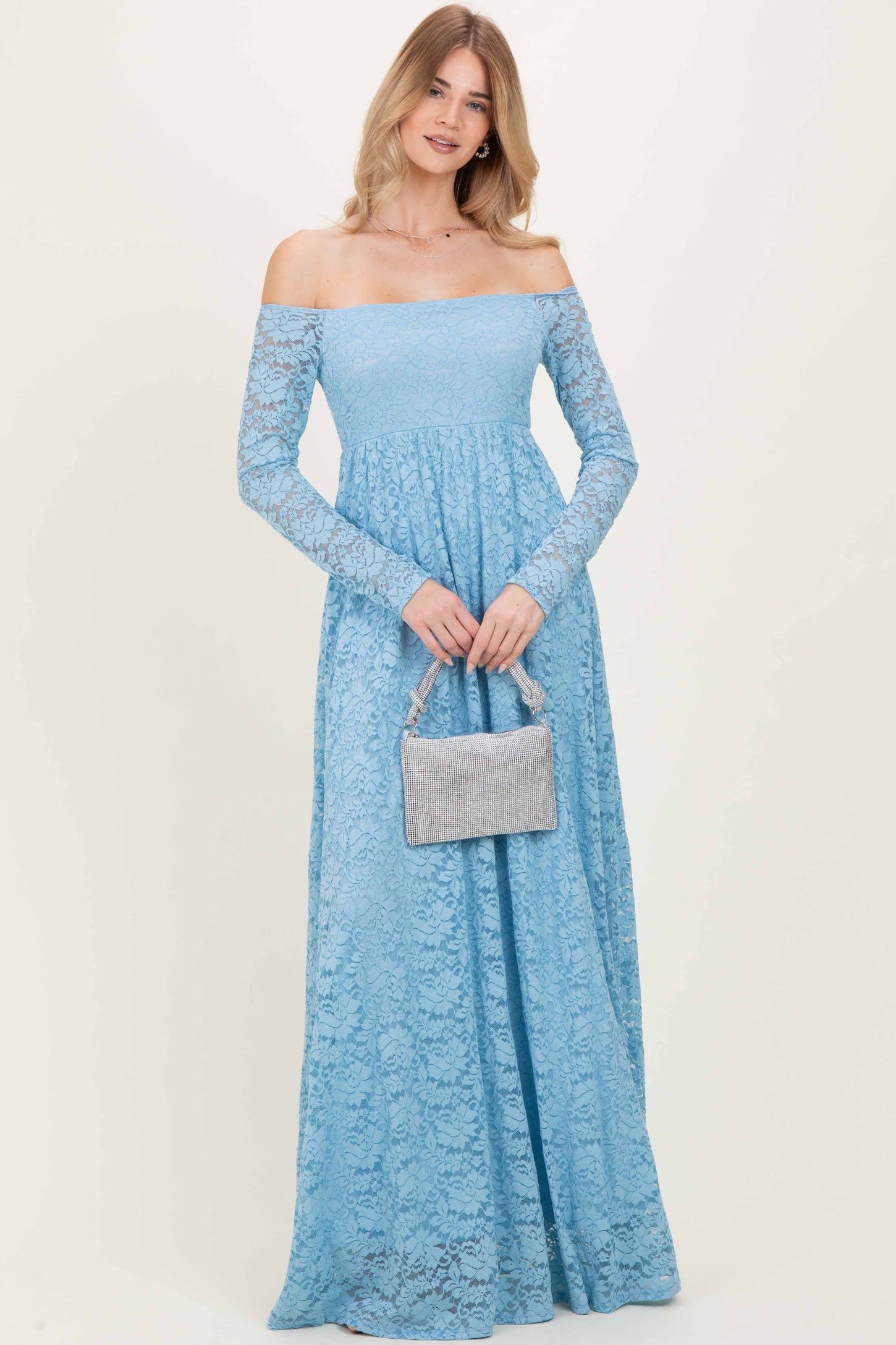 Light Blue Floral Lace Long Sleeve Off Shoulder Maxi Dress