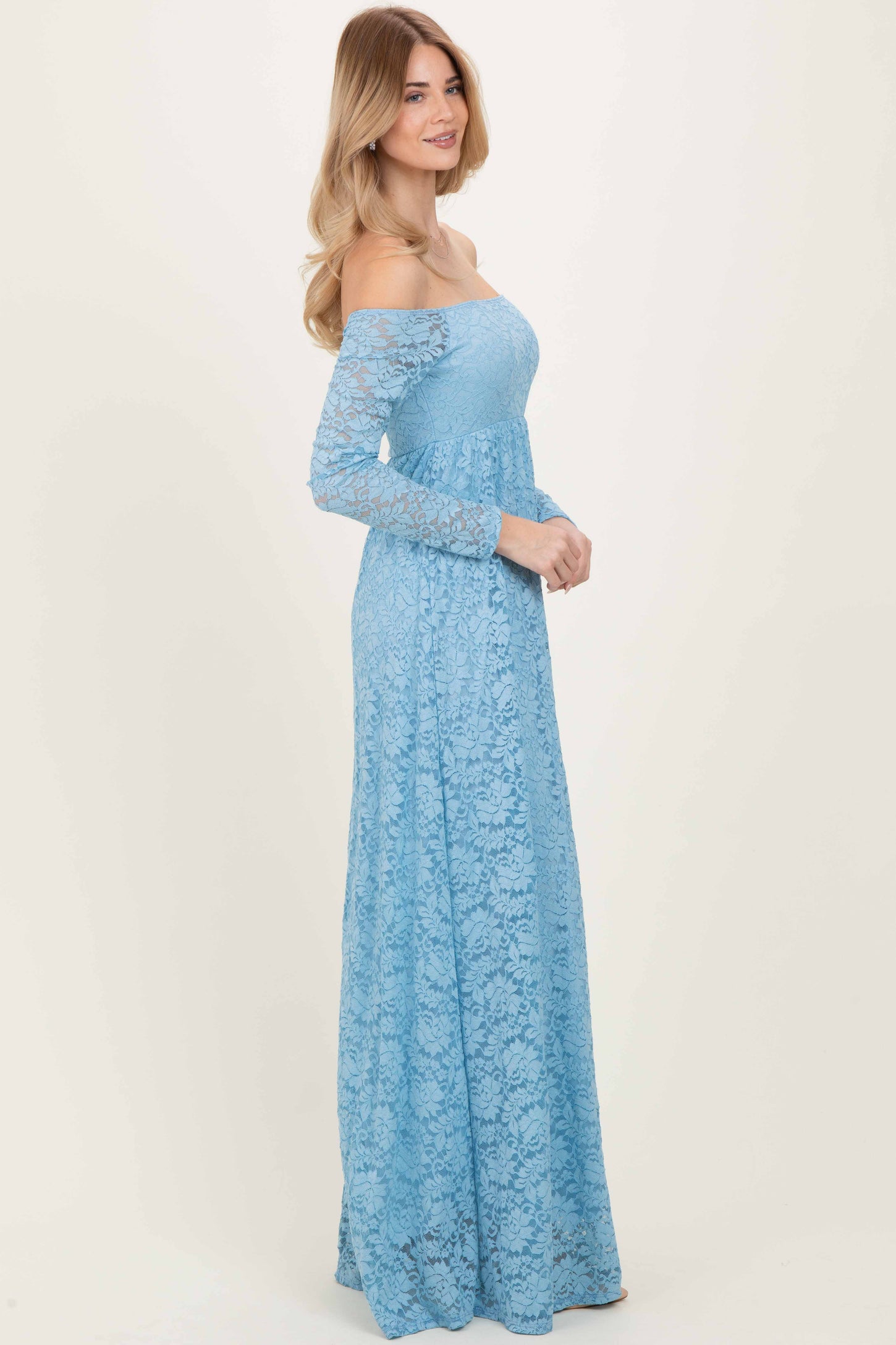 Light Blue Floral Lace Long Sleeve Off Shoulder Maxi Dress