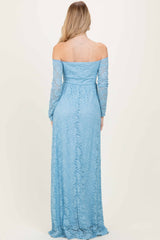 Light Blue Floral Lace Long Sleeve Off Shoulder Maxi Dress