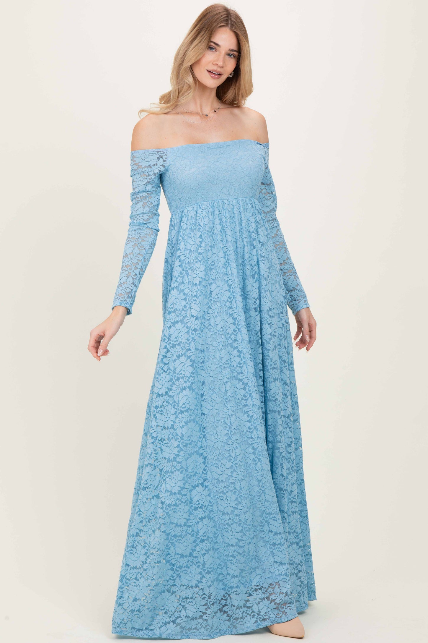 Light Blue Floral Lace Long Sleeve Off Shoulder Maxi Dress