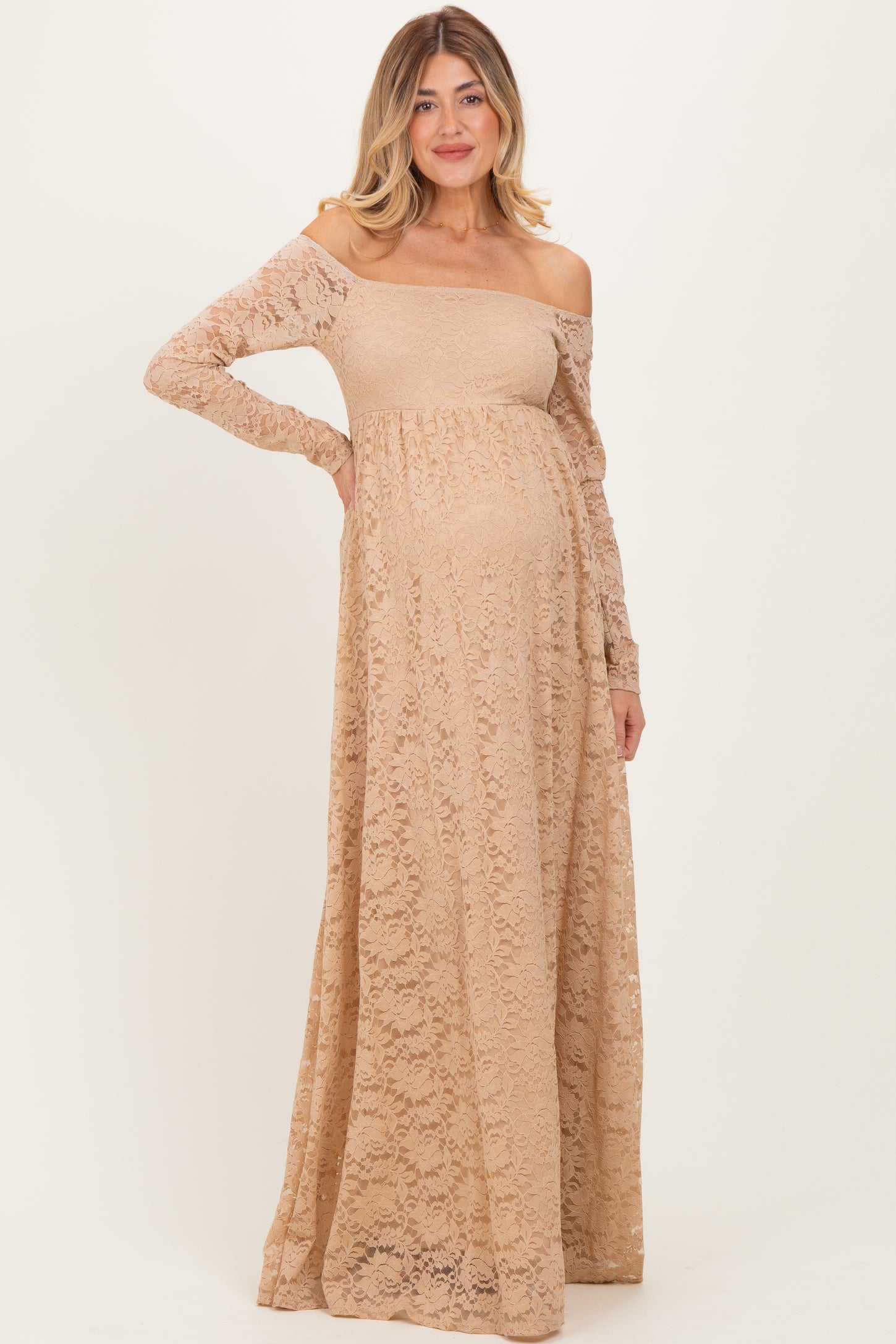 Gold Floral Lace Long Sleeve Off Shoulder Maternity Maxi Dress