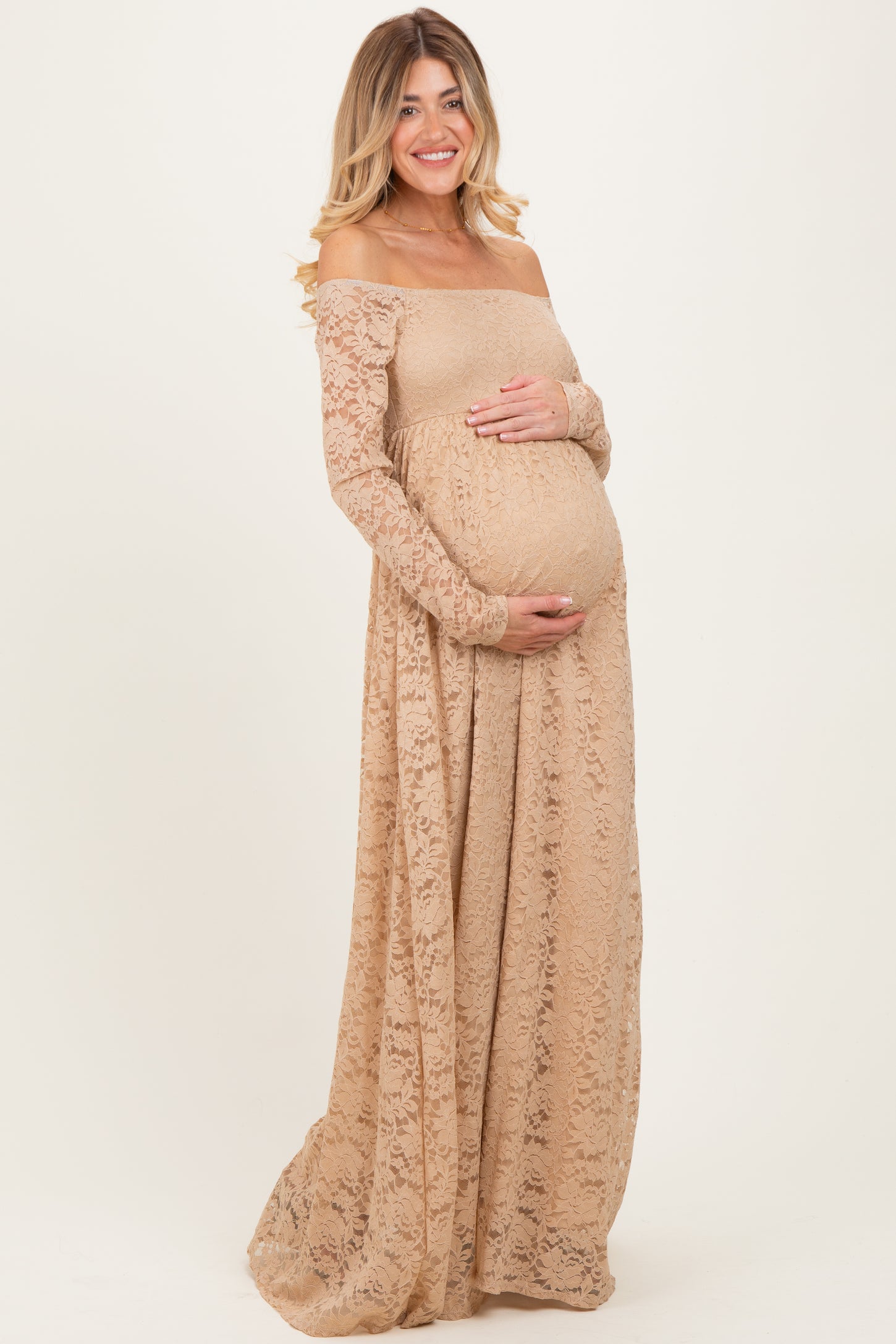 Gold Floral Lace Long Sleeve Off Shoulder Maternity Maxi Dress