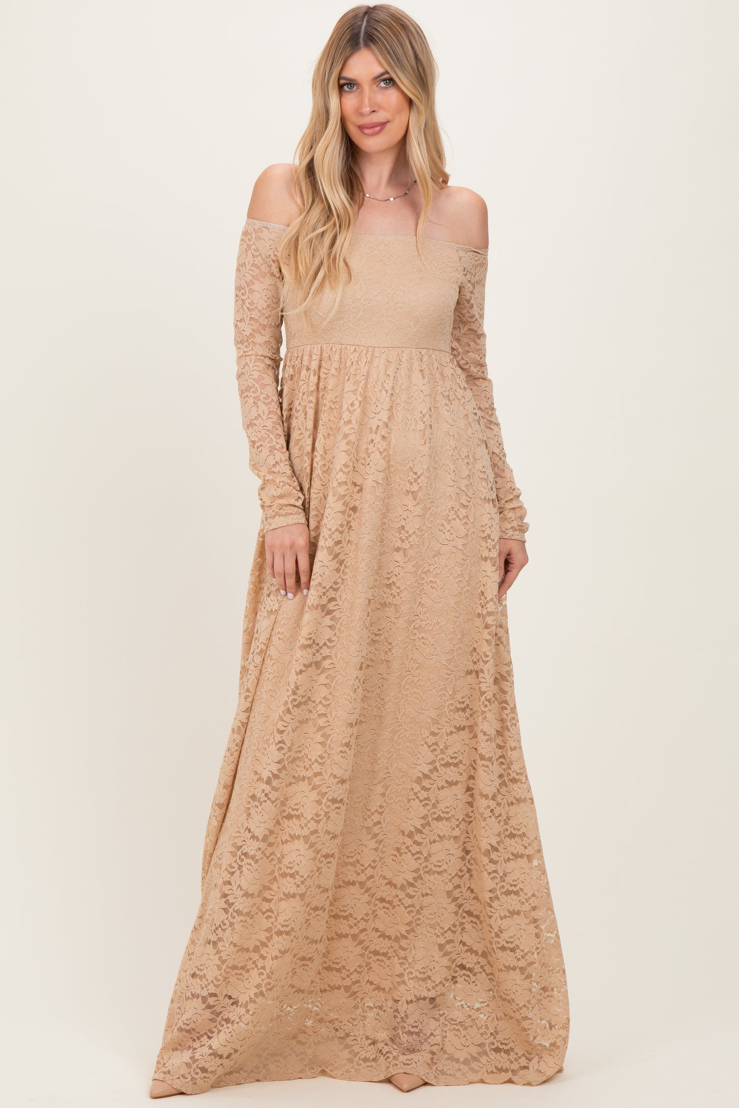 Gold Floral Lace Long Sleeve Off Shoulder Maxi Dress