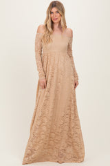 Gold Floral Lace Long Sleeve Off Shoulder Maxi Dress