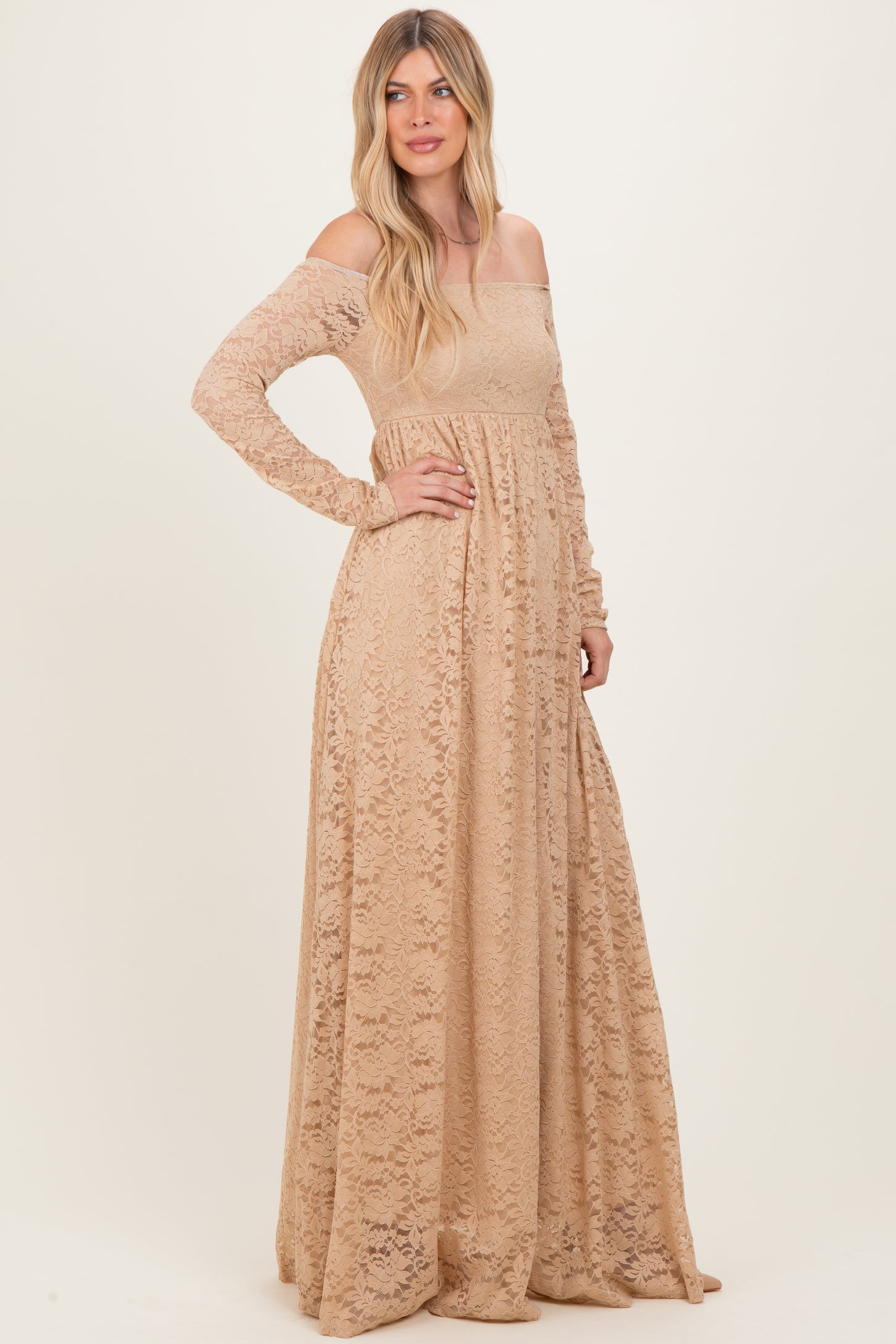Gold Floral Lace Long Sleeve Off Shoulder Maxi Dress