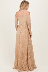 Gold Floral Lace Long Sleeve Off Shoulder Maxi Dress