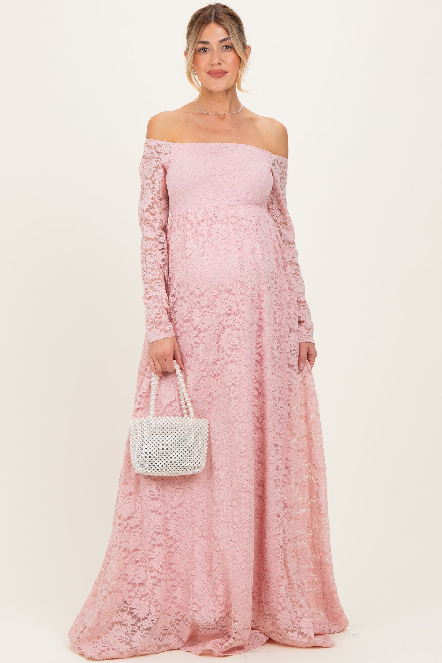 Light Pink Floral Lace Long Sleeve Off Shoulder Maternity Maxi Dress