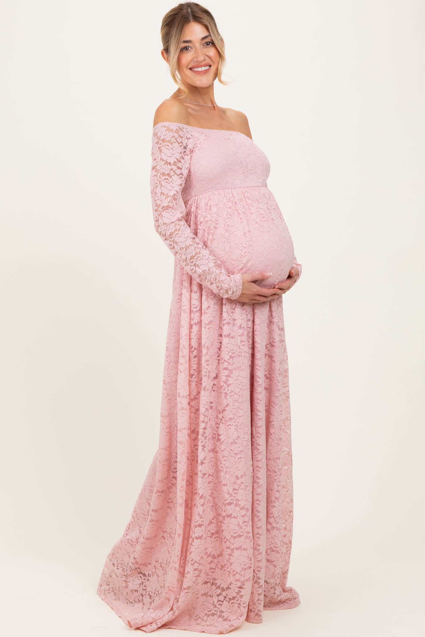 Light Pink Floral Lace Long Sleeve Off Shoulder Maternity Maxi Dress
