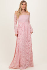Light Pink Floral Lace Long Sleeve Off Shoulder Maternity Maxi Dress