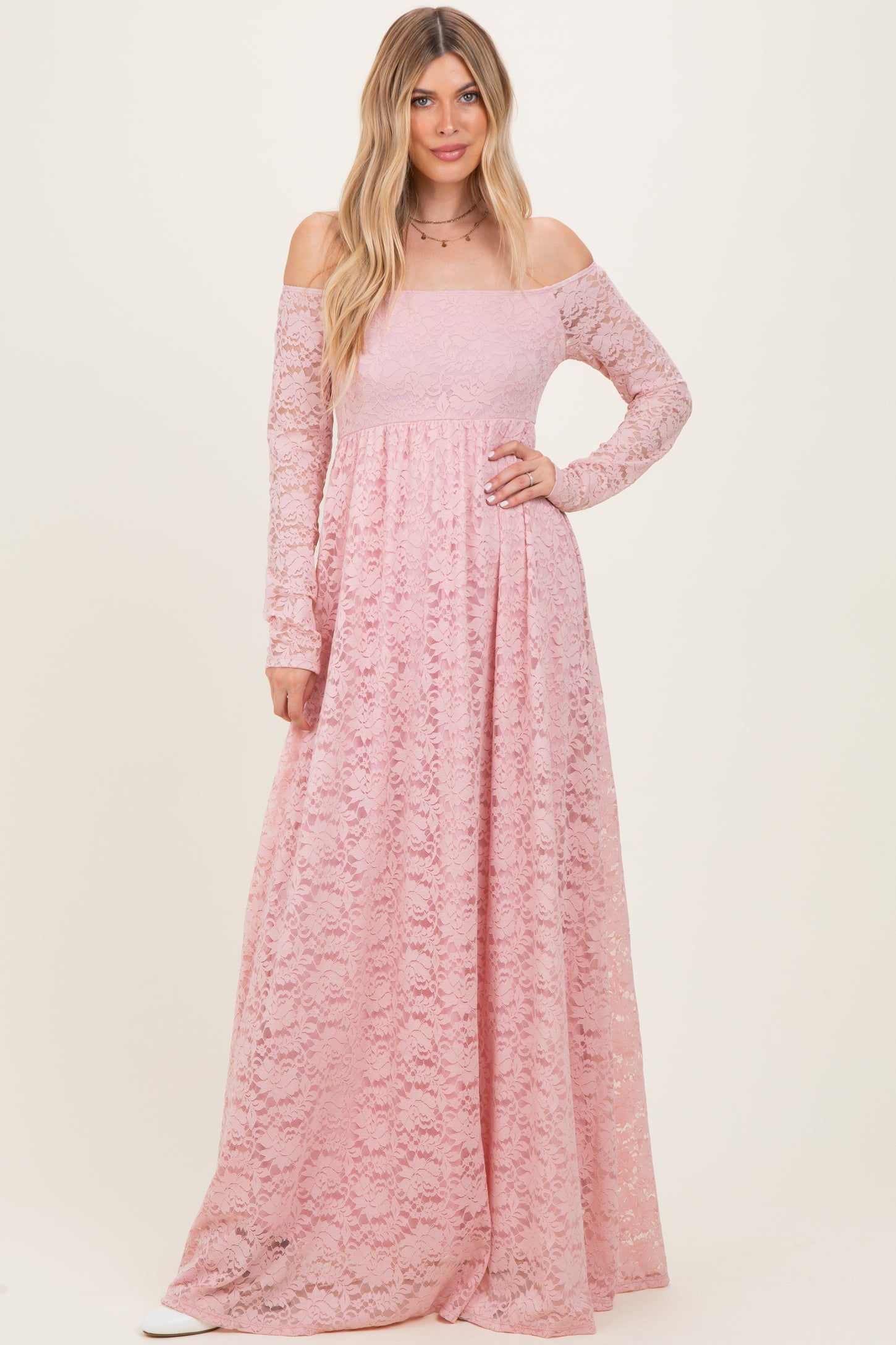 Light Pink Floral Lace Long Sleeve Off Shoulder Maxi Dress