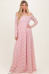 Light Pink Floral Lace Long Sleeve Off Shoulder Maxi Dress