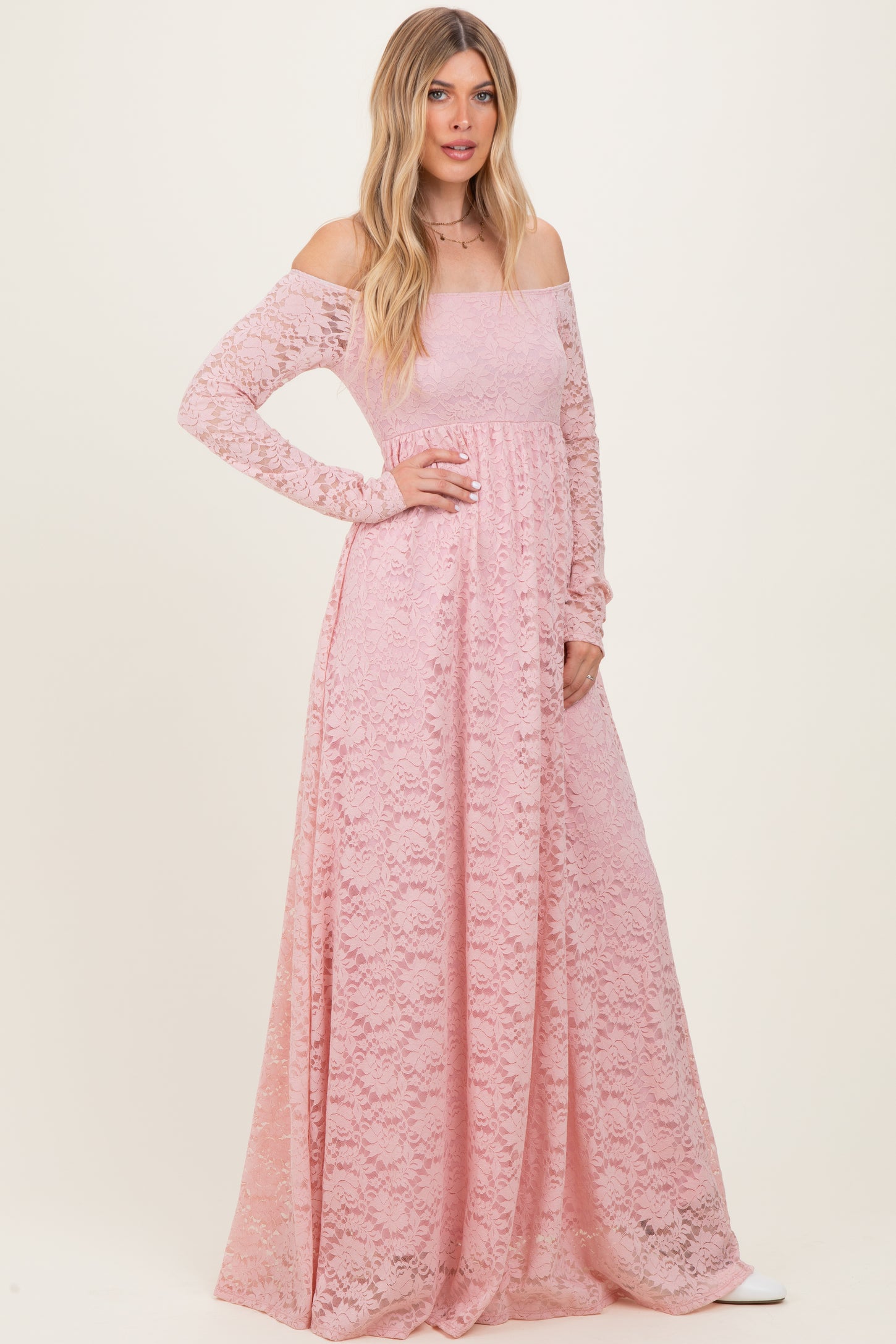 Light Pink Floral Lace Long Sleeve Off Shoulder Maxi Dress