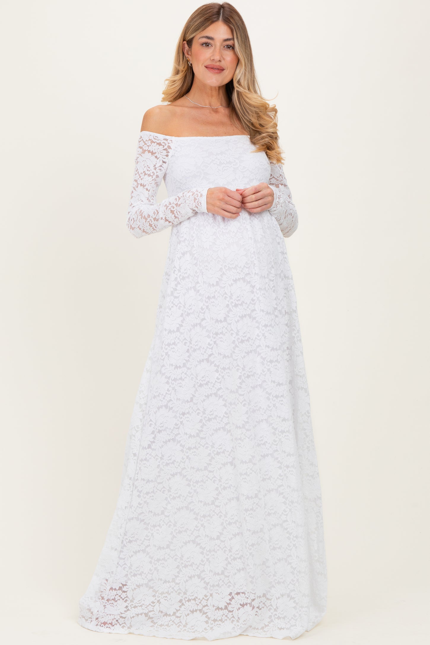 White Floral Lace Long Sleeve Off Shoulder Maternity Maxi Dress