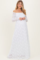 White Floral Lace Long Sleeve Off Shoulder Maternity Maxi Dress