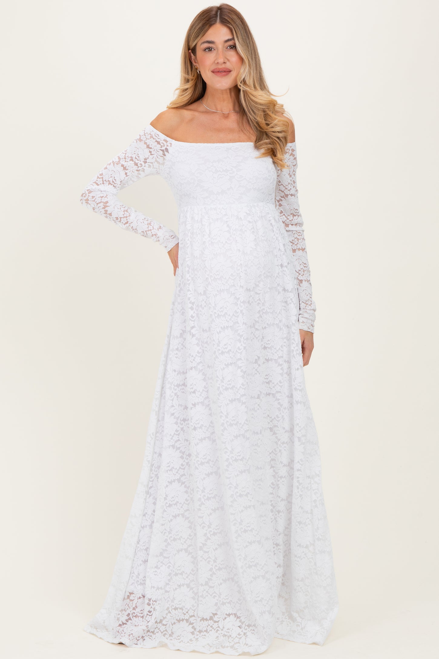 White Floral Lace Long Sleeve Off Shoulder Maternity Maxi Dress
