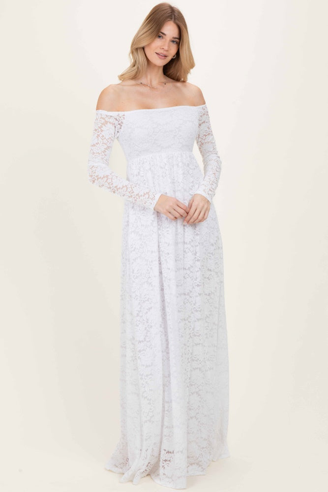 White Floral Lace Long Sleeve Off Shoulder Maxi Dress