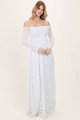 White Floral Lace Long Sleeve Off Shoulder Maxi Dress