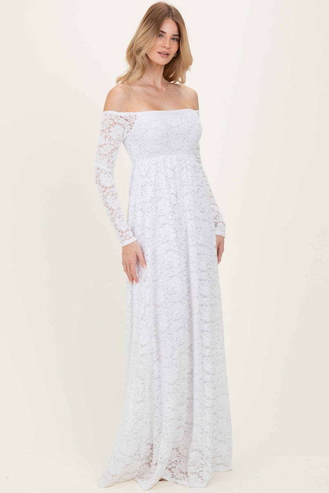 White Floral Lace Long Sleeve Off Shoulder Maxi Dress
