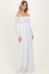 White Floral Lace Long Sleeve Off Shoulder Maxi Dress