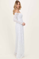 White Floral Lace Long Sleeve Off Shoulder Maxi Dress
