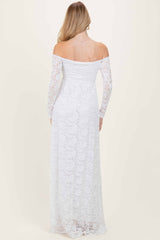 White Floral Lace Long Sleeve Off Shoulder Maxi Dress